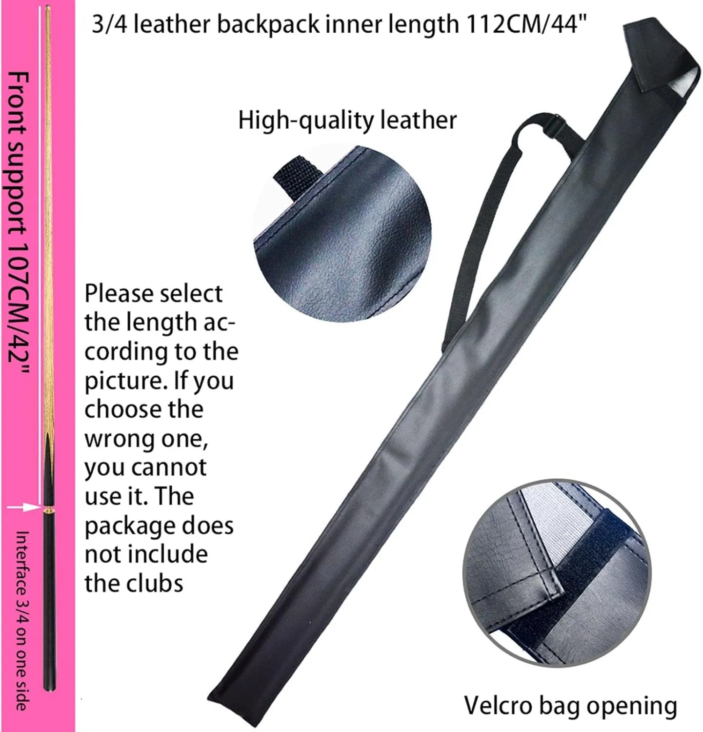3/4 Pool Cue Bag, Can Hold 4 Cue Heads and 2 Cue Shafts, Adjustable Shoulder Strap, for Pool Lovers
