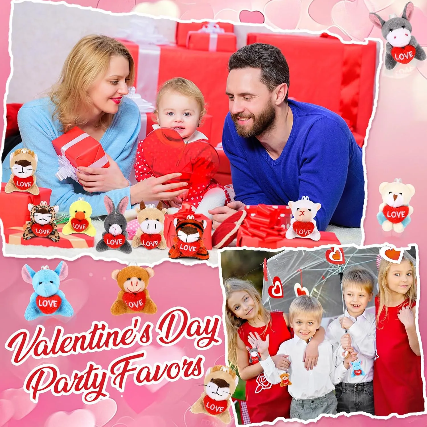 36 Pcs Valentine's Day Gifts Exchange for Classroom Valentine Mini Animal Plush Toys Stuffed Keychains with Heart Valentines Mini Keychain for Kids Party Favors Reward Bag Filler