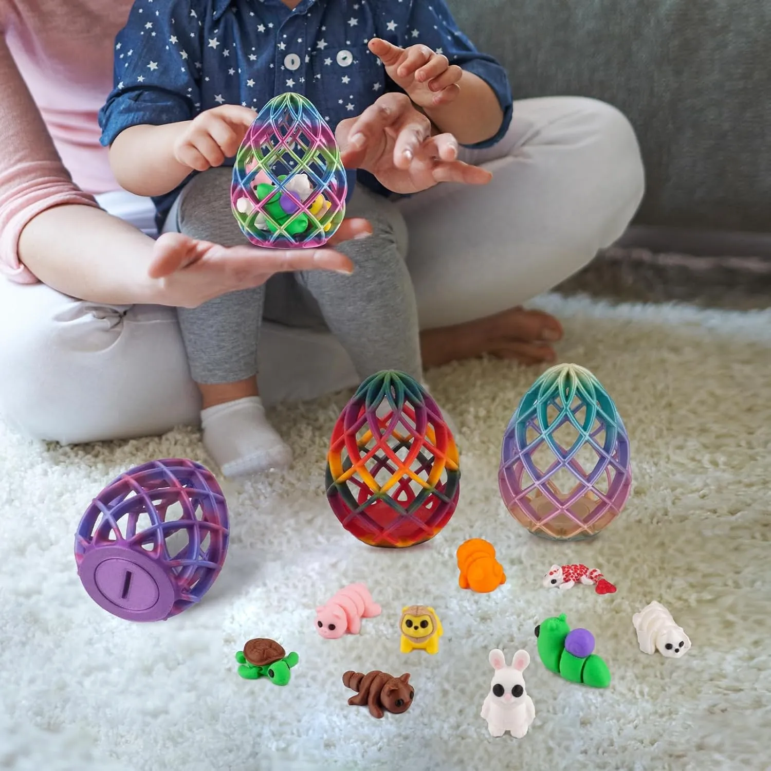 3D Printed Easter Magic Egg – Hollow 3D Printed Egg with 9 Cute Mini Animal Figures – Unique 3D Printed Easter Gift and Decor – Fun Miniature 3D Printed Animals Inside (Twilight Hatchling, 9)