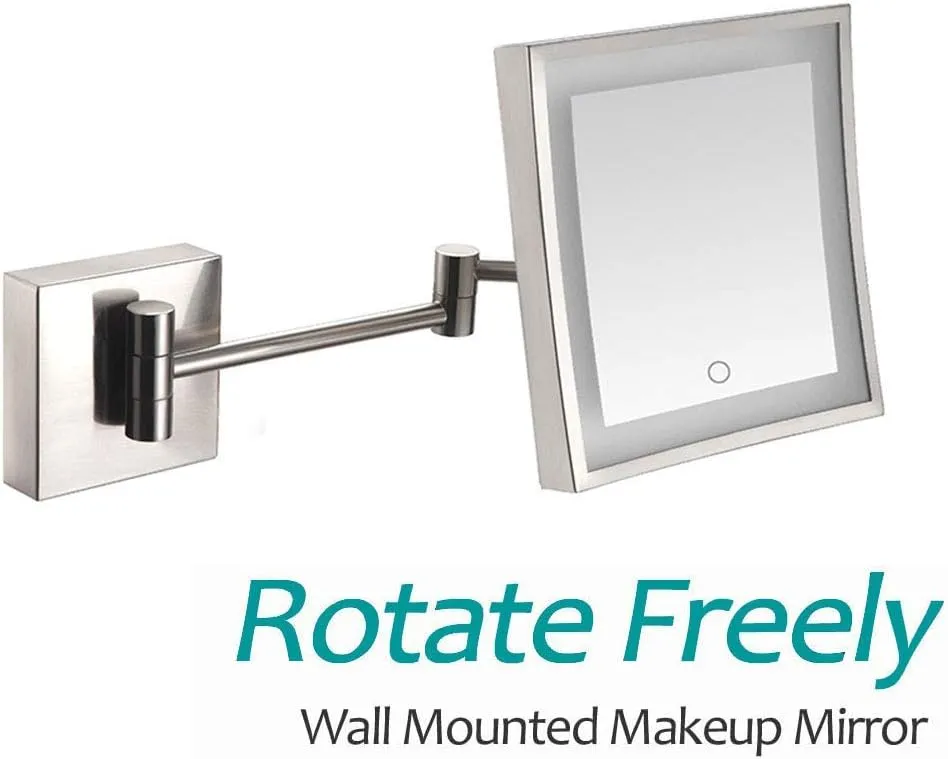3X LED Wall Mounted Makeup Mirror, Stainless Steel Magnifying Wall Bathroom Mirror Touch Screen, 360 Degree Swivel Rotation, 8 Inches, Square, for Bathroom(Rose Gold,USB)