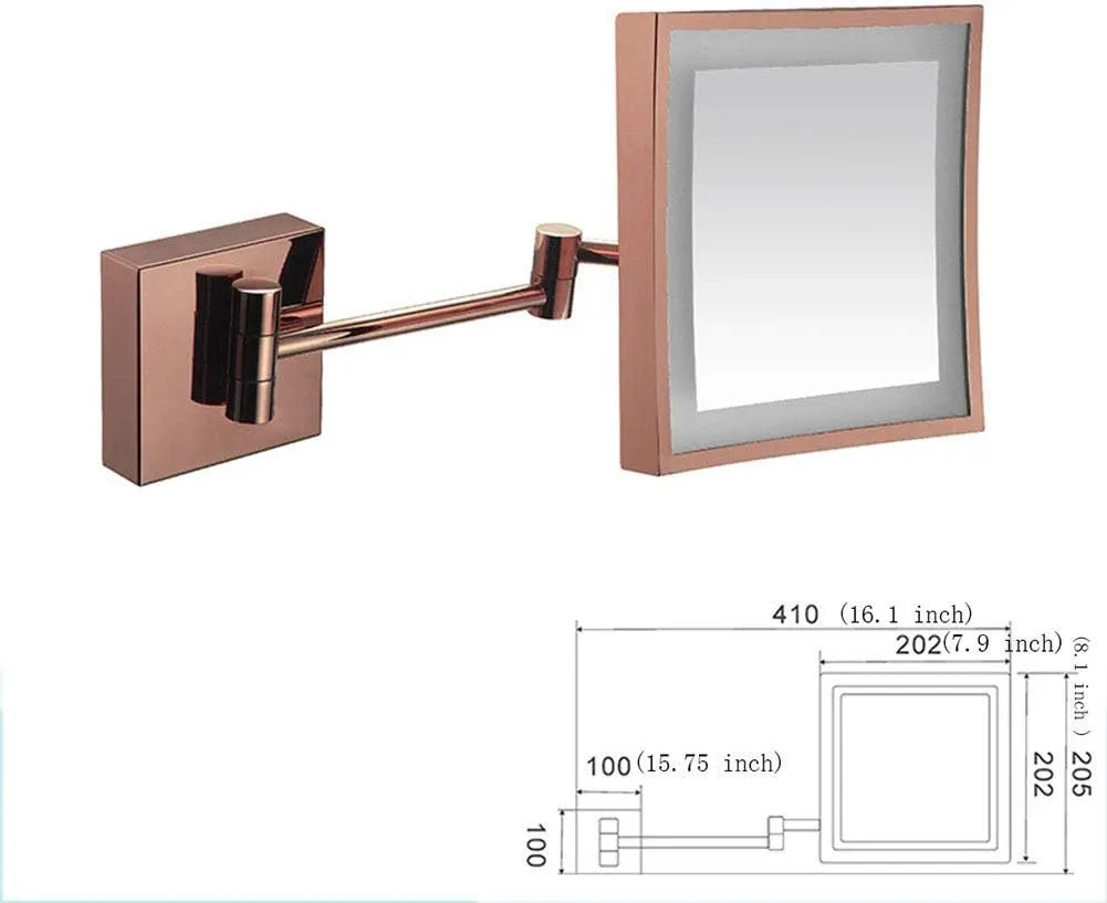 3X LED Wall Mounted Makeup Mirror, Stainless Steel Magnifying Wall Bathroom Mirror Touch Screen, 360 Degree Swivel Rotation, 8 Inches, Square, for Bathroom(Rose Gold,USB)