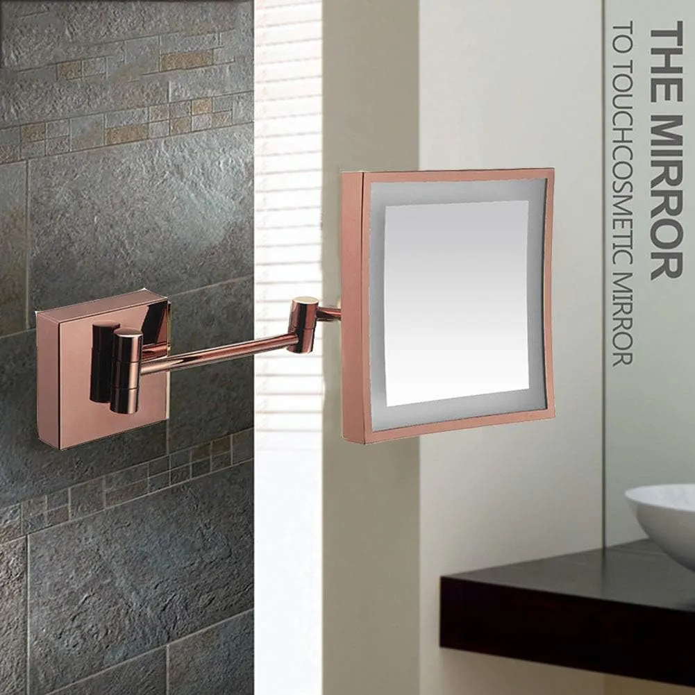 3X LED Wall Mounted Makeup Mirror, Stainless Steel Magnifying Wall Bathroom Mirror Touch Screen, 360 Degree Swivel Rotation, 8 Inches, Square, for Bathroom(Rose Gold,USB)