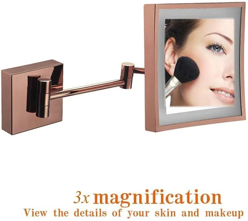 3X LED Wall Mounted Makeup Mirror, Stainless Steel Magnifying Wall Bathroom Mirror Touch Screen, 360 Degree Swivel Rotation, 8 Inches, Square, for Bathroom(Rose Gold,USB)