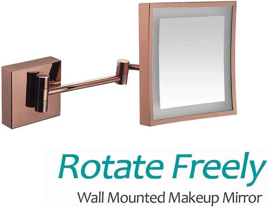 3X LED Wall Mounted Makeup Mirror, Stainless Steel Magnifying Wall Bathroom Mirror Touch Screen, 360 Degree Swivel Rotation, 8 Inches, Square, for Bathroom(Rose Gold,USB)