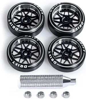 4 Pcs Star Shaped Rc Drift Wheels & Logo Drift Tires for 1/24 1/28 Wltoys, [2N 2W] Aluminum Alloy Rims with Rc Drift Car Tires for 1/24 1/28 Mini-Q HGD1 Wltoys K969 K989 k929 (Black)