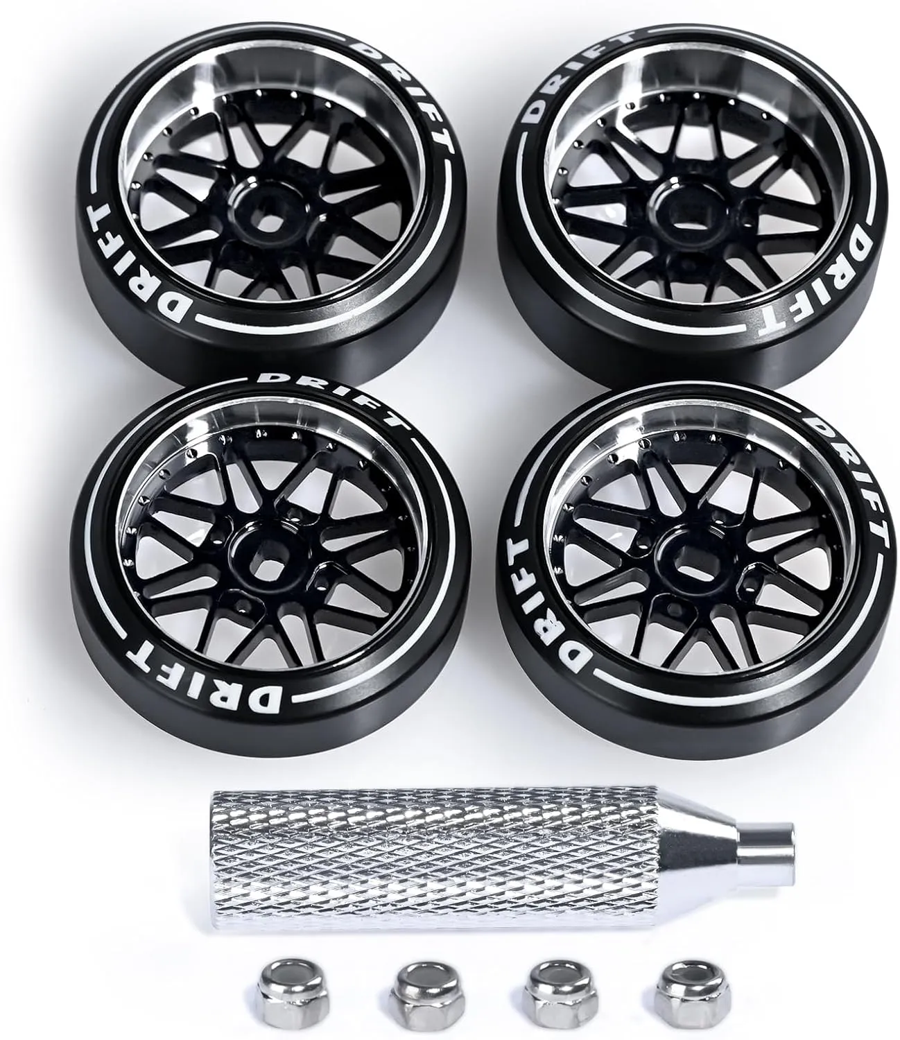 4 Pcs Star Shaped Rc Drift Wheels & Logo Drift Tires for 1/24 1/28 Wltoys, [2N 2W] Aluminum Alloy Rims with Rc Drift Car Tires for 1/24 1/28 Mini-Q HGD1 Wltoys K969 K989 k929 (Black)