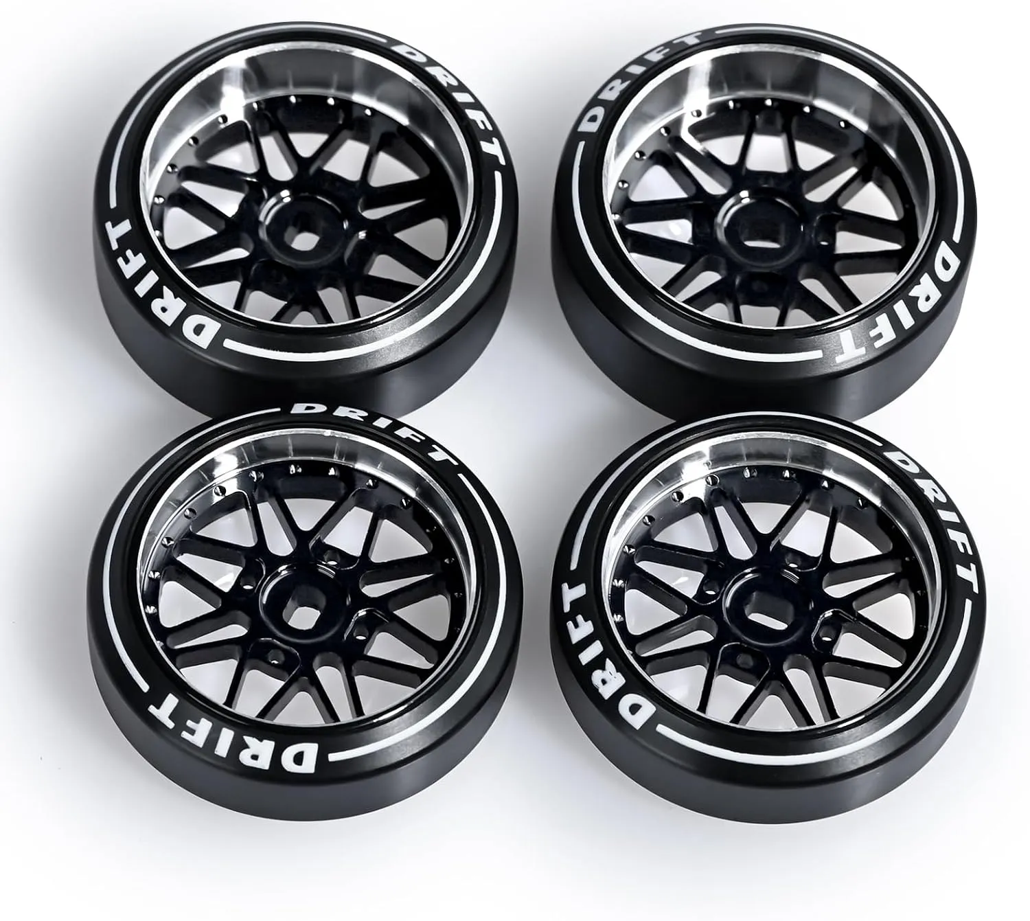 4 Pcs Star Shaped Rc Drift Wheels & Logo Drift Tires for 1/24 1/28 Wltoys, [2N 2W] Aluminum Alloy Rims with Rc Drift Car Tires for 1/24 1/28 Mini-Q HGD1 Wltoys K969 K989 k929 (Black)