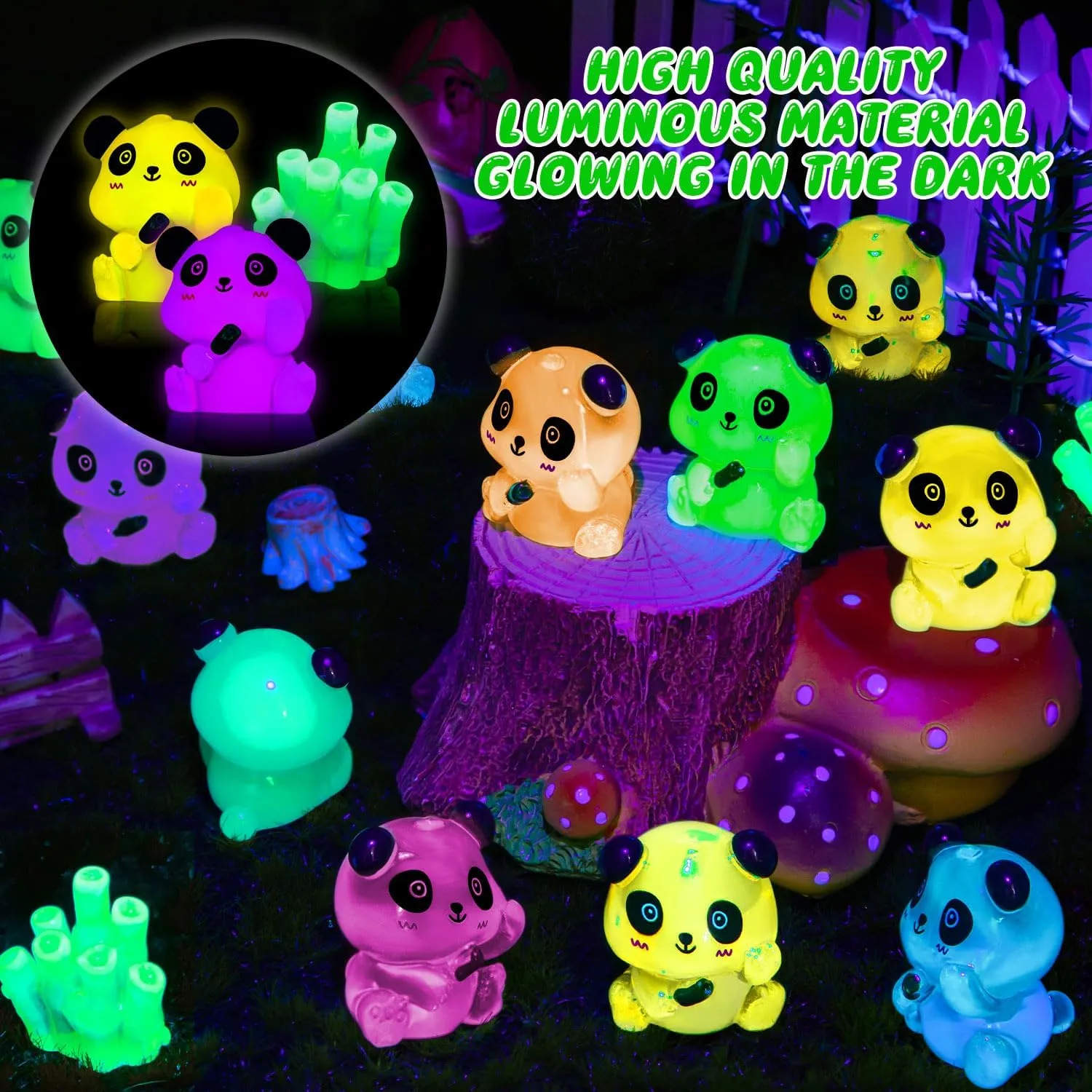 40PCS Luminous Mini Resin Panda Cute Panda Figurines Miniature, Glow in The Dark Mini Panda Bamboo Bulk for Cake Topper Micro Landscape Dollhouse Garden DIY (Panda-7Colors)