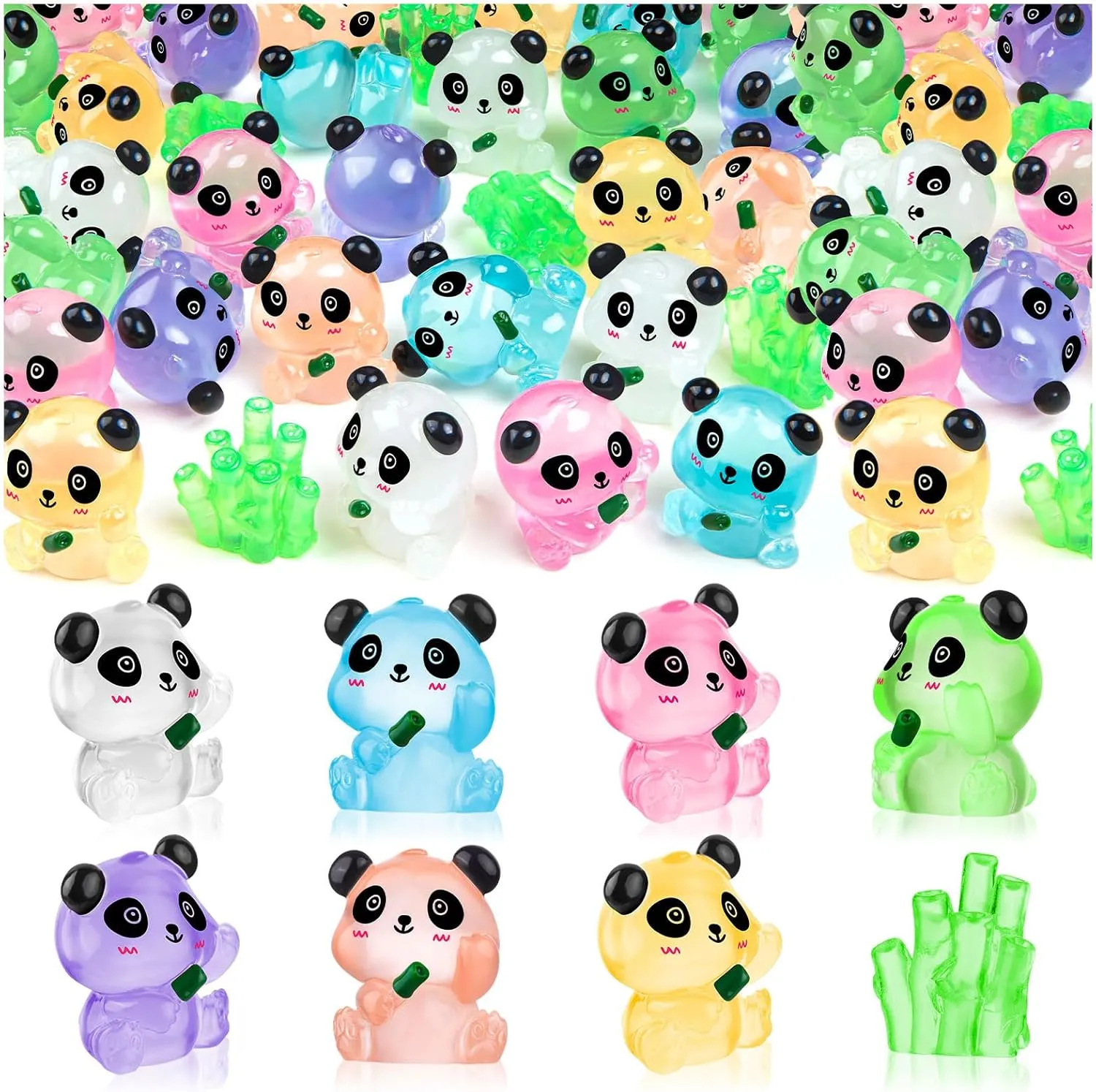 40PCS Luminous Mini Resin Panda Cute Panda Figurines Miniature, Glow in The Dark Mini Panda Bamboo Bulk for Cake Topper Micro Landscape Dollhouse Garden DIY (Panda-7Colors)