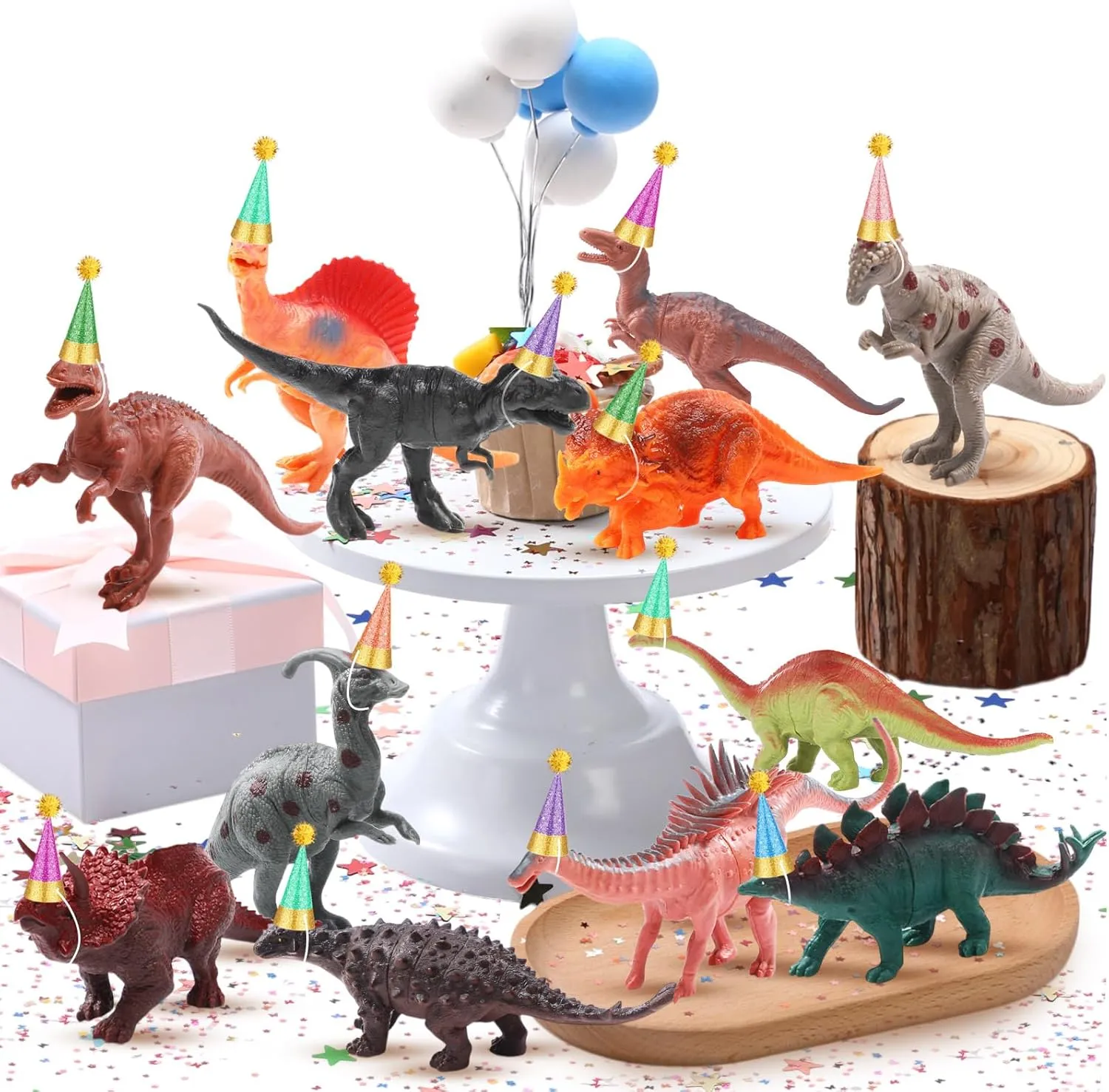 44 PC Dinosaur Birthday Party Decorations Cake Toppers Party Cake Topper Include 12 Dinosaur Figures 16 Hats with 16 Pom Poms