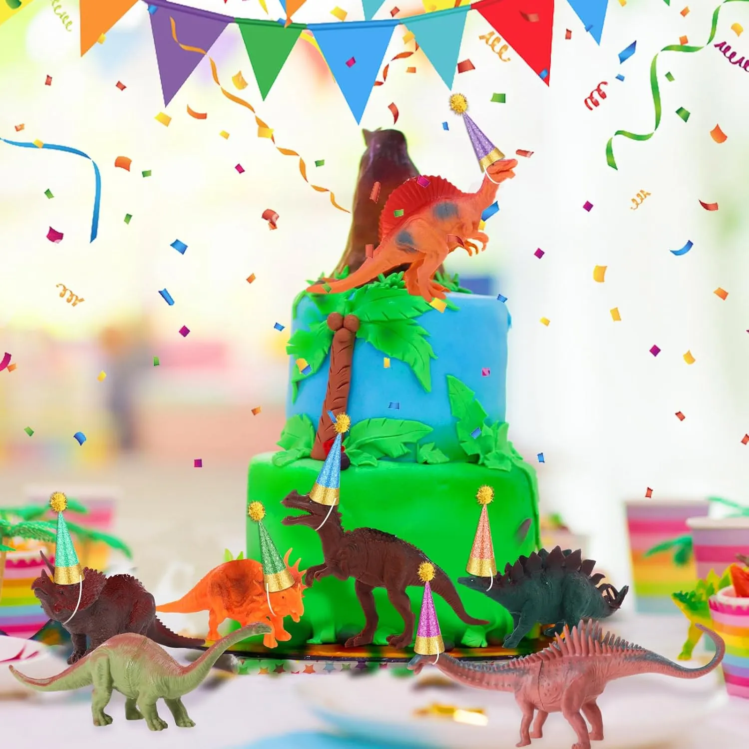 44 PC Dinosaur Birthday Party Decorations Cake Toppers Party Cake Topper Include 12 Dinosaur Figures 16 Hats with 16 Pom Poms