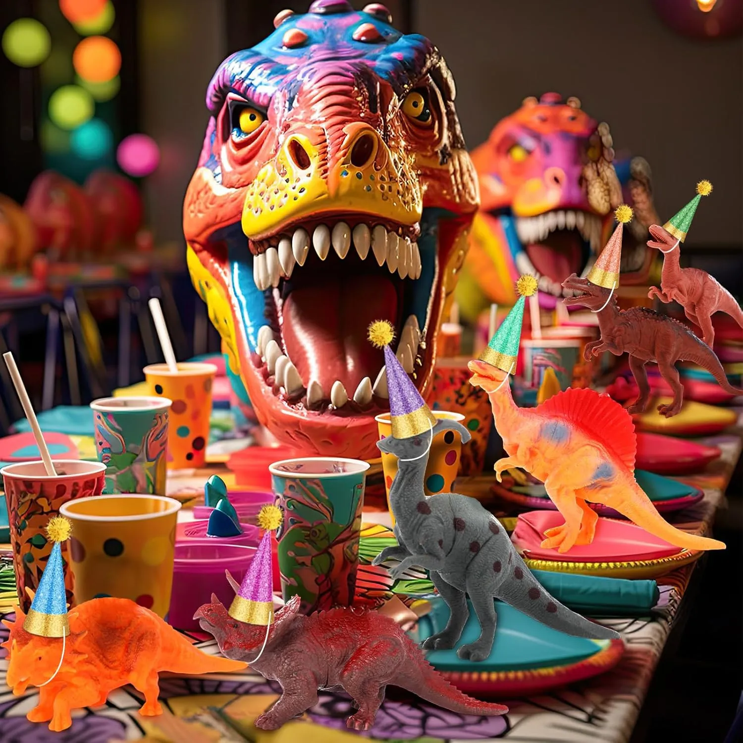 44 PC Dinosaur Birthday Party Decorations Cake Toppers Party Cake Topper Include 12 Dinosaur Figures 16 Hats with 16 Pom Poms