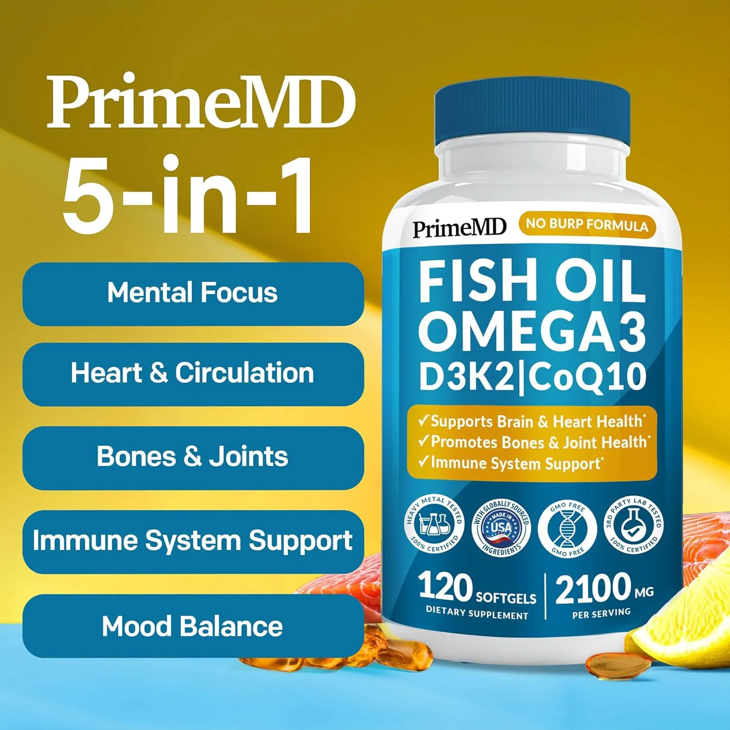 5-in-1 Fish Oil Omega 3 Fatty Supplements (2100mg) - Omega 3 Fish Oil with Vitamins D3 K2 and CoQ10 - Lemon Flavored (120 softgels)