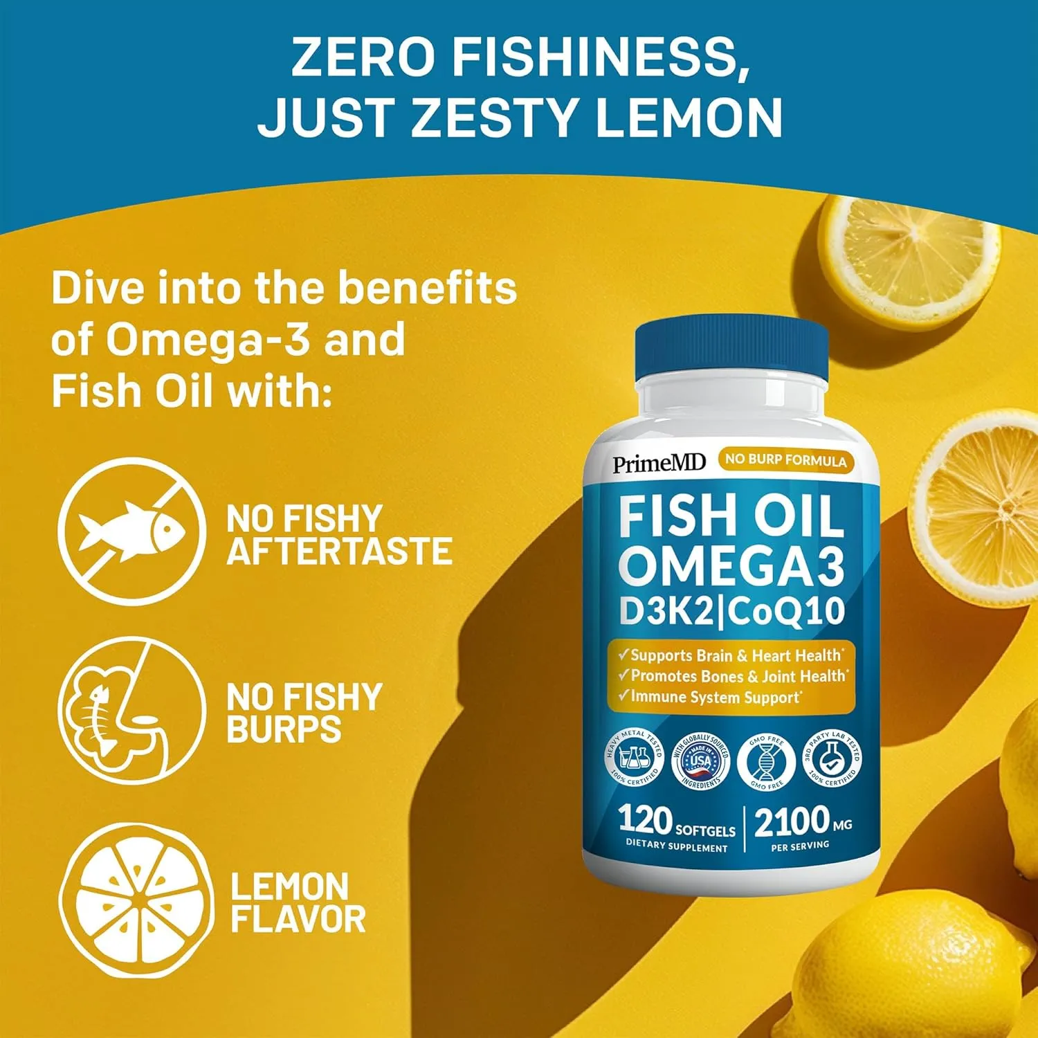 5-in-1 Fish Oil Omega 3 Fatty Supplements (2100mg) - Omega 3 Fish Oil with Vitamins D3 K2 and CoQ10 - Lemon Flavored (120 softgels)