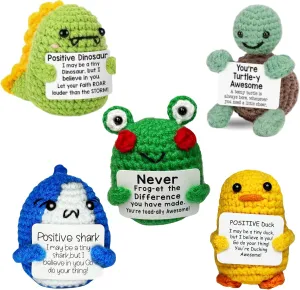 5-Pack Emotional Support Plush Bundle – Positive Crochet Frog, Dinosaur, Turtle, Duck & Shark | Handmade Desk Decor Toys for Anxiety Relief & Stress | Pickle Buddies Originals