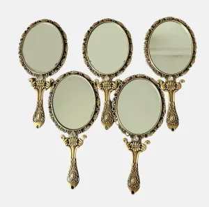 5 PCS Vintage Hand Mirror with Embossed Rose on The Back Handheld Makeup Beauty Metal Mirror Compact Purse Small Mirror (Brass (Matt Gold))