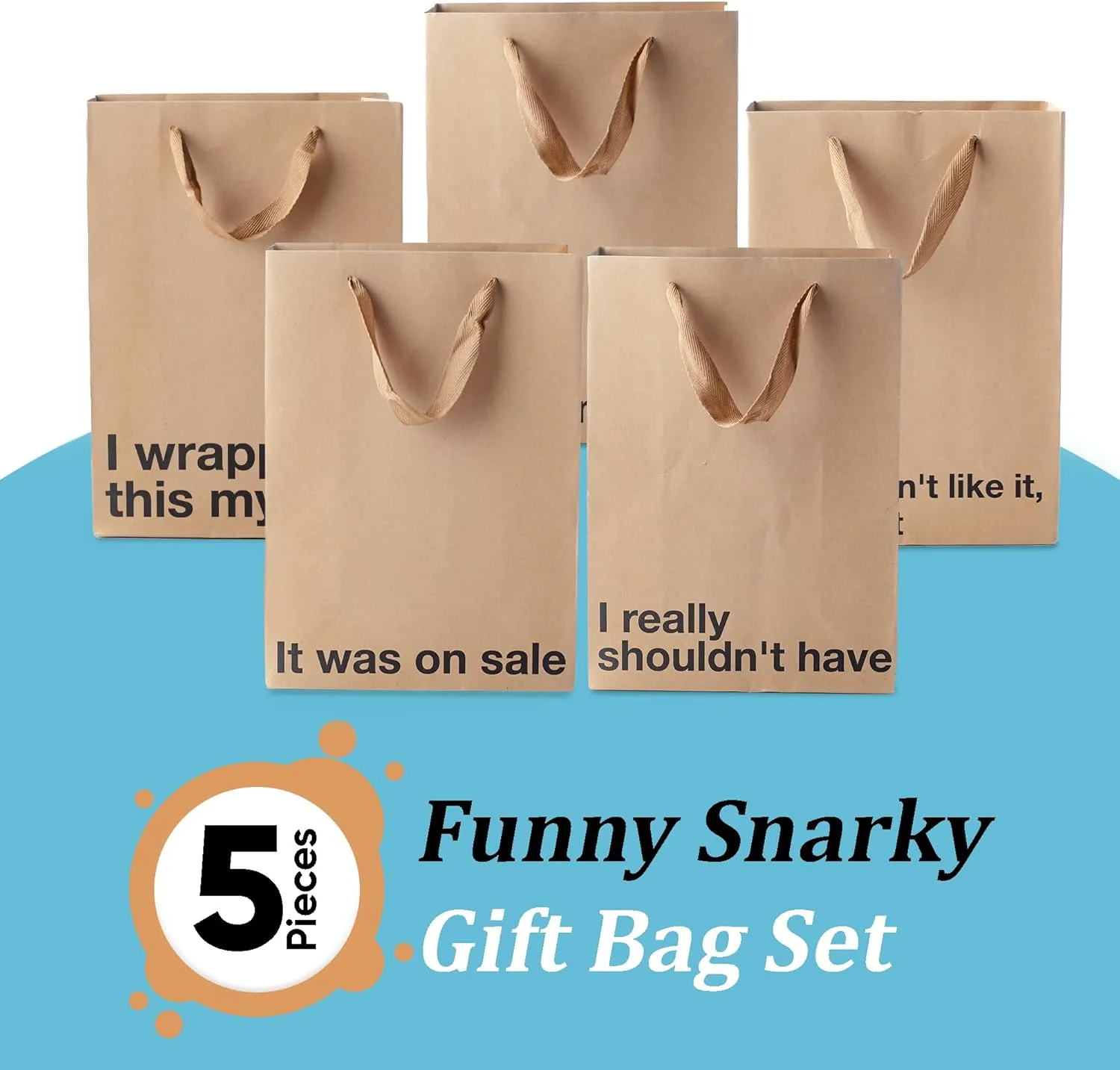 5-Piece Funny Snarky Gift Bags Set - Medium-Sized Kraft Bags with Handles, Eco-Friendly, Perfect for Birthdays, Holidays, Office Parties, White Elephant; Suitable for Men, Women, Teens, Adults