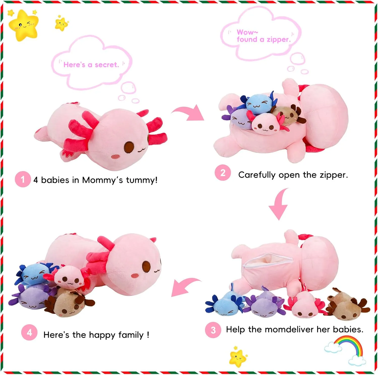 5 Pieces Axolotl Stuffed Animals,1 Big Pink Mommy with 4 Mini Babies, Soft Plush Toys for Kids Ages 3 and Up,Great Mother's Day for Toddler, Girls, Boys