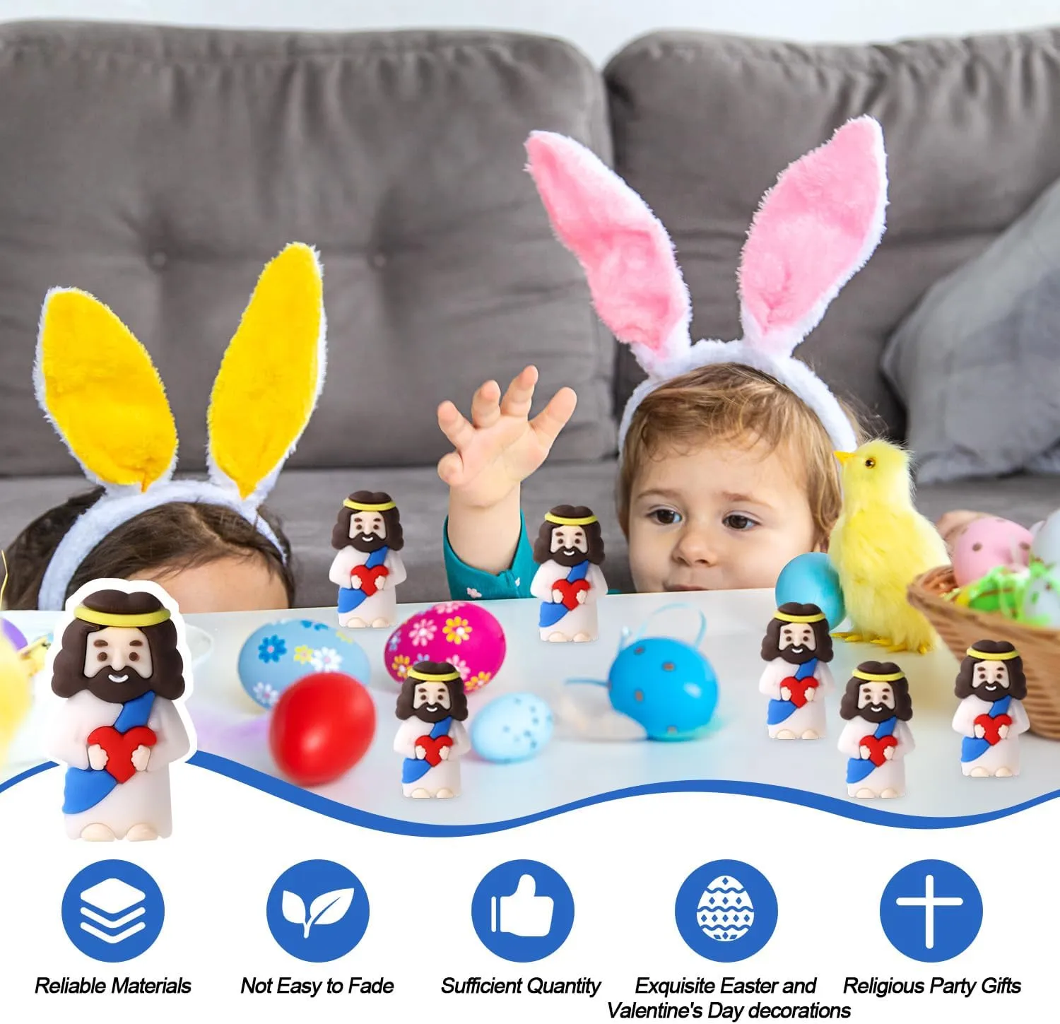 50pcs Tiny Jesus Statue with Red Heart, PVC Material Miniature Figures Small Mini Jesus Figurines Gift Favors Decoration (Blue)