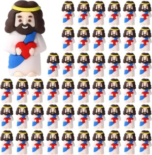 50pcs Tiny Jesus Statue with Red Heart, PVC Material Miniature Figures Small Mini Jesus Figurines Gift Favors Decoration (Blue)
