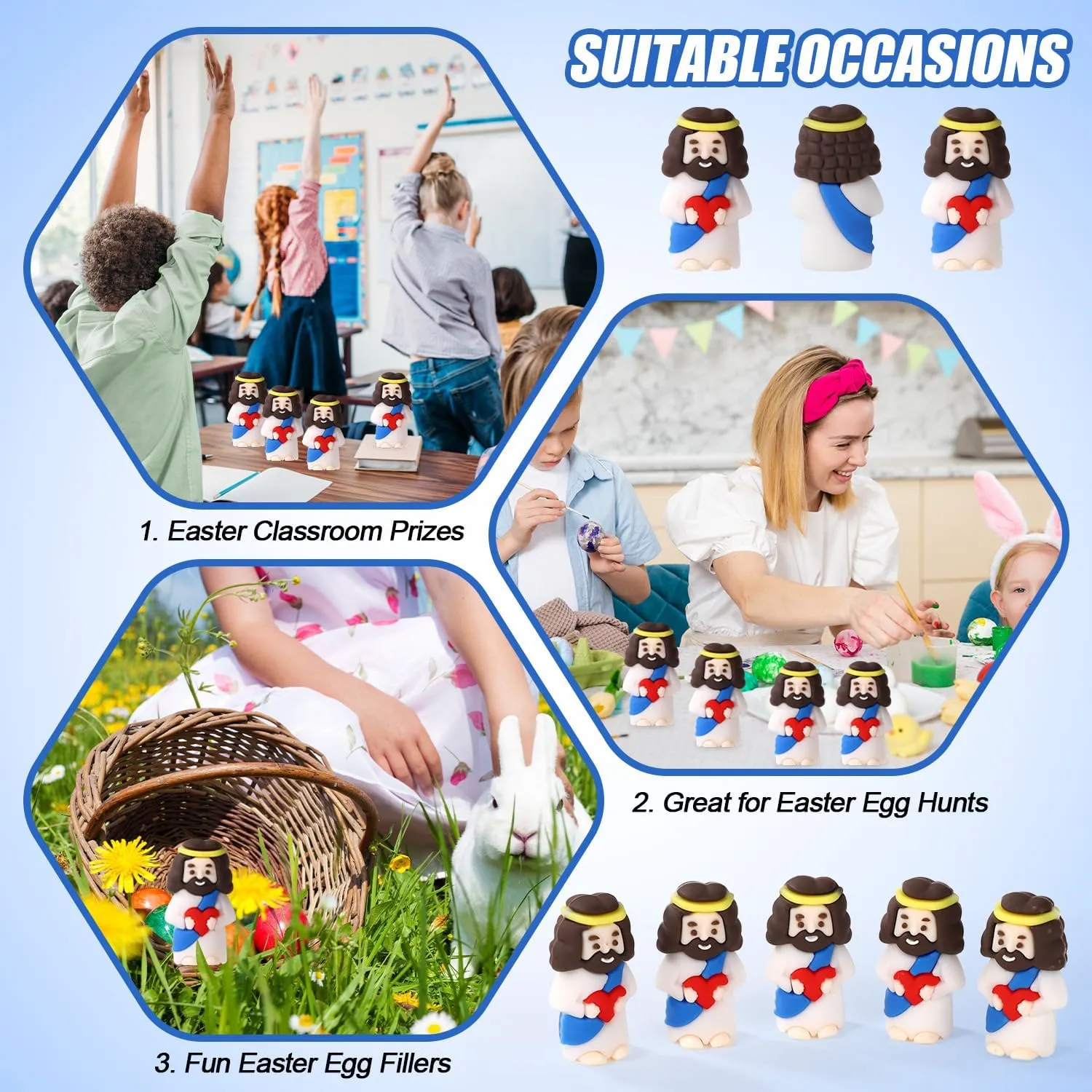 50pcs Tiny Jesus Statue with Red Heart, PVC Material Miniature Figures Small Mini Jesus Figurines Gift Favors Decoration (Blue)