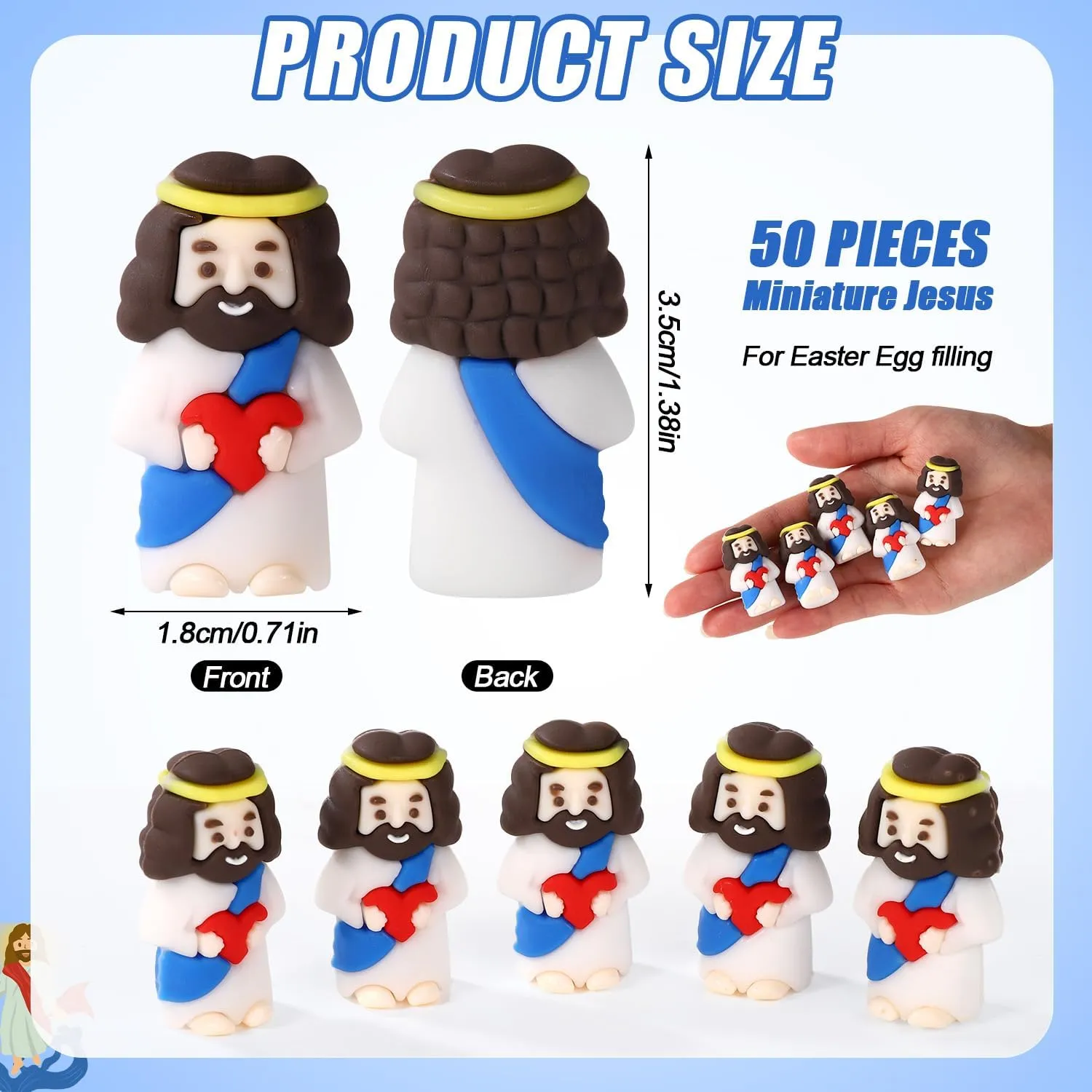50pcs Tiny Jesus Statue with Red Heart, PVC Material Miniature Figures Small Mini Jesus Figurines Gift Favors Decoration (Blue)