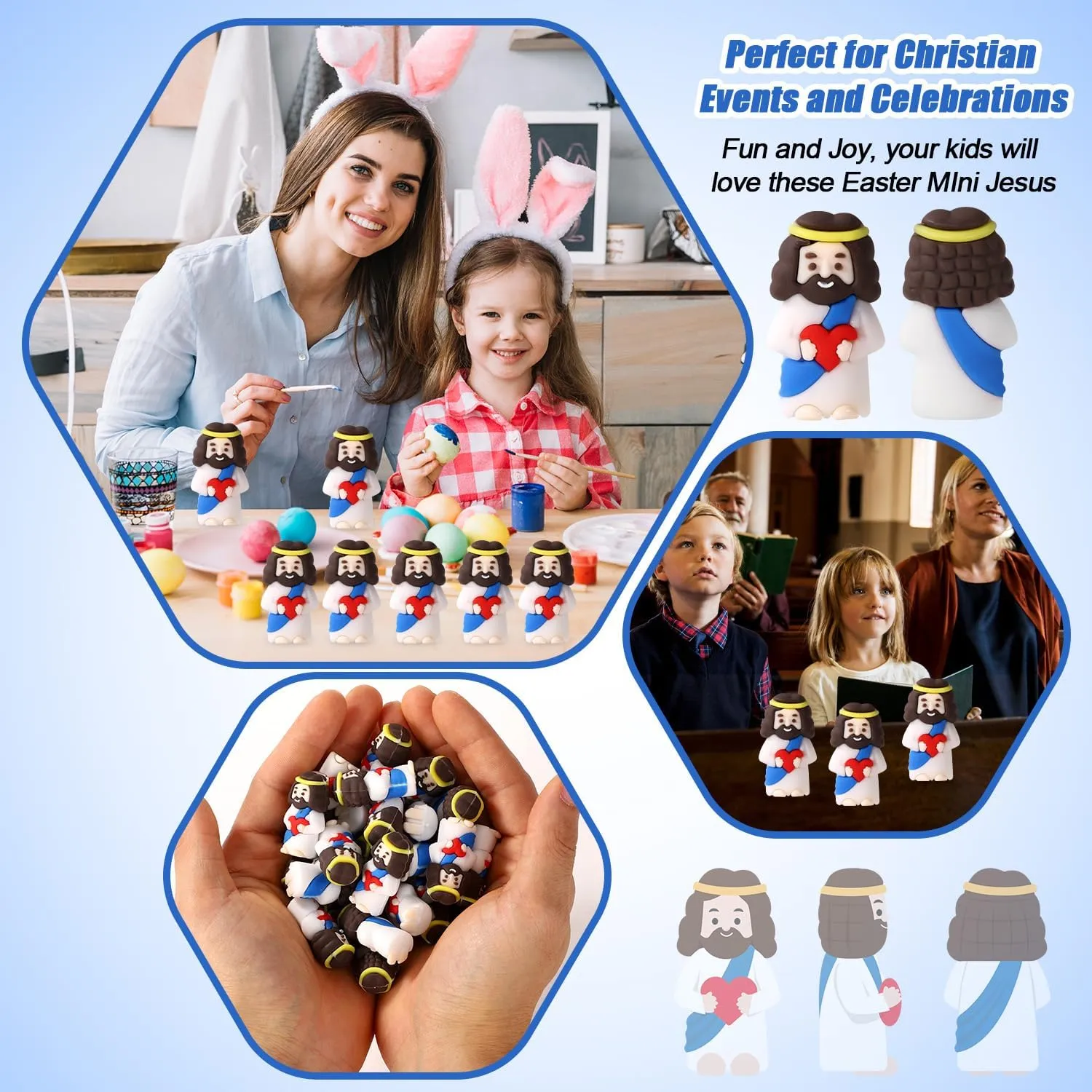 50pcs Tiny Jesus Statue with Red Heart, PVC Material Miniature Figures Small Mini Jesus Figurines Gift Favors Decoration (Blue)