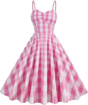 50s Pink Plaid Dresses for Women Vintage 1950s Pink Gingham Dress Spaghetti Straps Rockabilly Pinup Dresses Halloween Cosplay