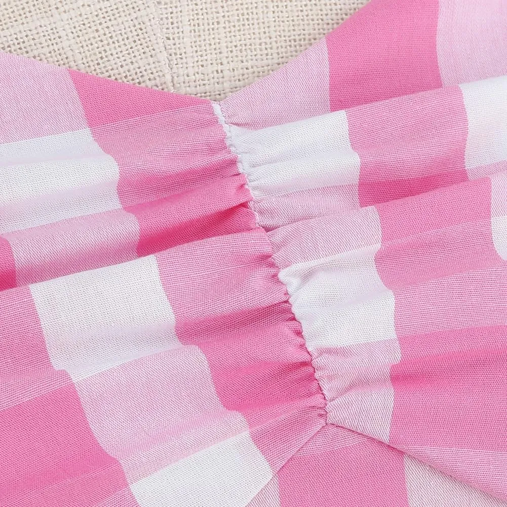 50s Pink Plaid Dresses for Women Vintage 1950s Pink Gingham Dress Spaghetti Straps Rockabilly Pinup Dresses Halloween Cosplay