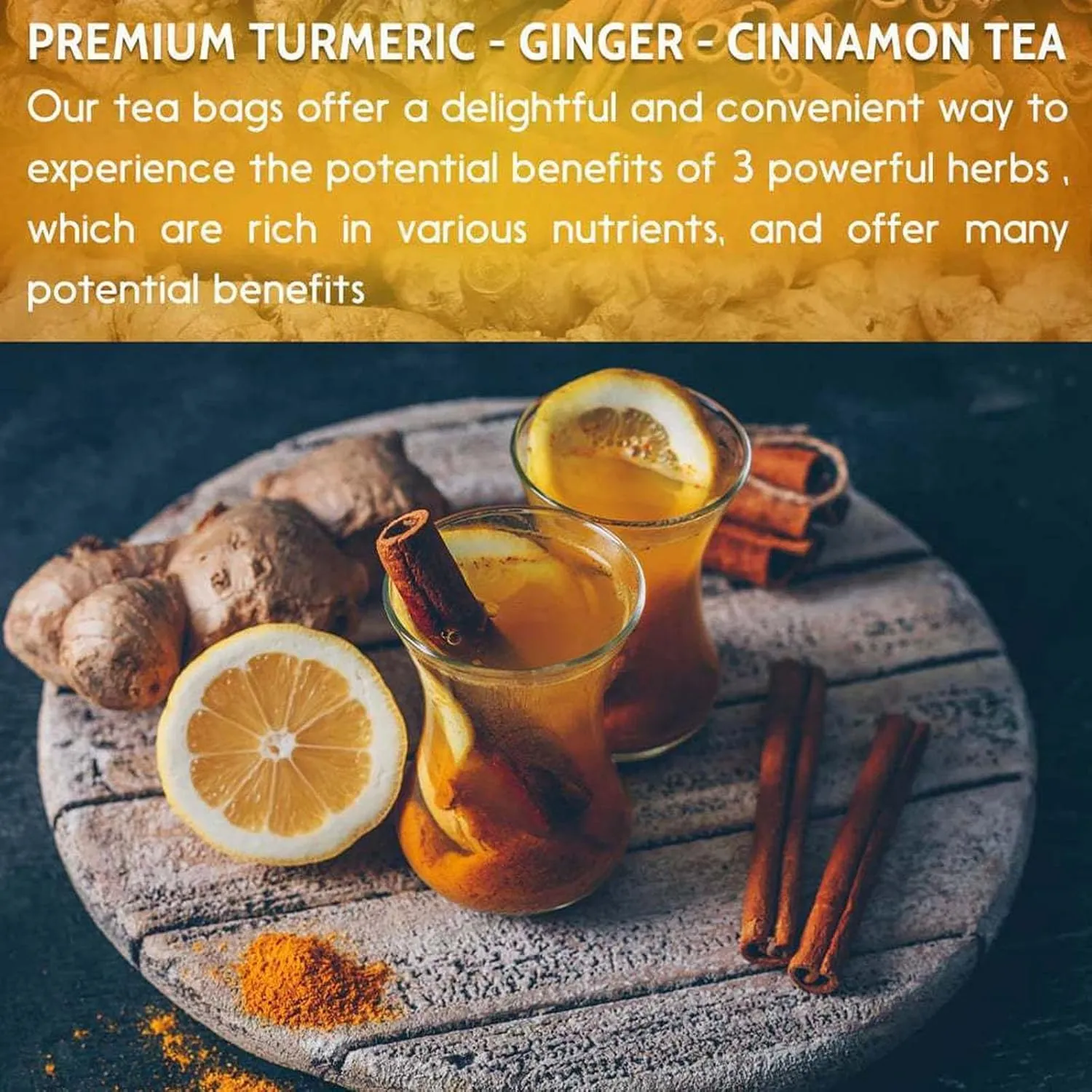 60 Bags Premium Turmeric Ginger Cinnamon Tea Bags, Ginger Turmeric Cinnamon Tea Bags, Promote Digestion and Ensure Sleep, No Sugar, No Caffeine, No Gluten, Vegan