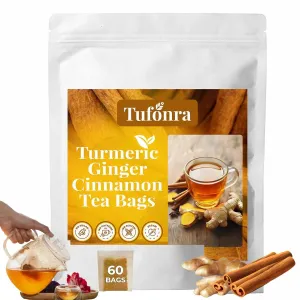 60 Bags Premium Turmeric Ginger Cinnamon Tea Bags, Ginger Turmeric Cinnamon Tea Bags, Promote Digestion and Ensure Sleep, No Sugar, No Caffeine, No Gluten, Vegan