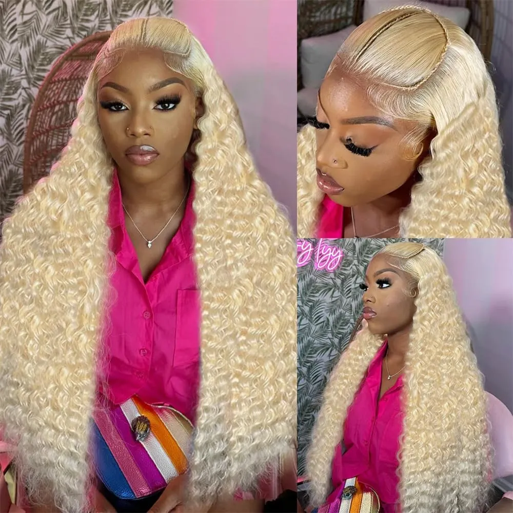 613 13x6 Lace Front Wigs Human Hair Deep Wave Blonde Wig Human Hair 13x6 HD Lace Frontal Wigs for Black Women 180% Density Curly Human Hair Wig Pre Plucked with Baby Hair (613 blonde wig, 24 inch)