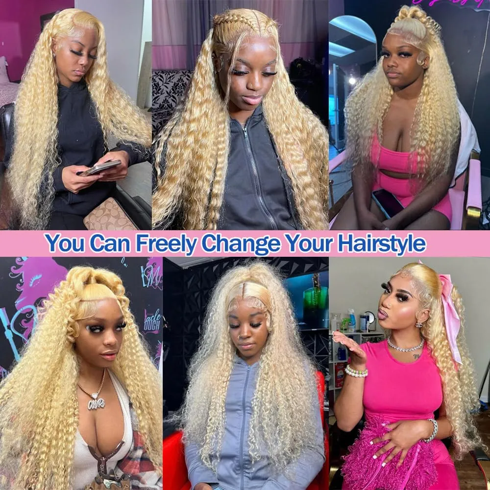 613 13x6 Lace Front Wigs Human Hair Deep Wave Blonde Wig Human Hair 13x6 HD Lace Frontal Wigs for Black Women 180% Density Curly Human Hair Wig Pre Plucked with Baby Hair (613 blonde wig, 24 inch)