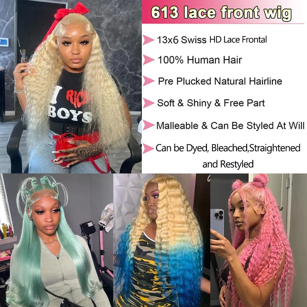 613 13x6 Lace Front Wigs Human Hair Deep Wave Blonde Wig Human Hair 13x6 HD Lace Frontal Wigs for Black Women 180% Density Curly Human Hair Wig Pre Plucked with Baby Hair (613 blonde wig, 24 inch)