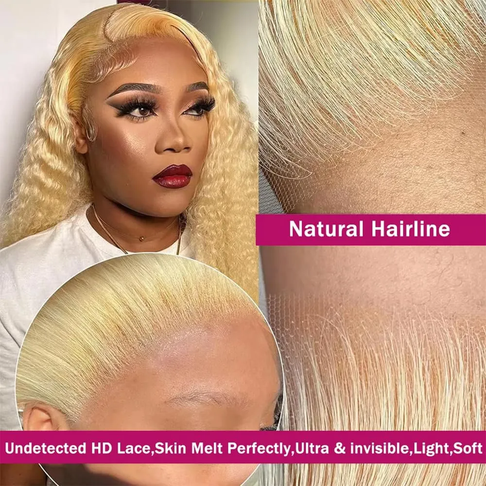 613 13x6 Lace Front Wigs Human Hair Deep Wave Blonde Wig Human Hair 13x6 HD Lace Frontal Wigs for Black Women 180% Density Curly Human Hair Wig Pre Plucked with Baby Hair (613 blonde wig, 24 inch)