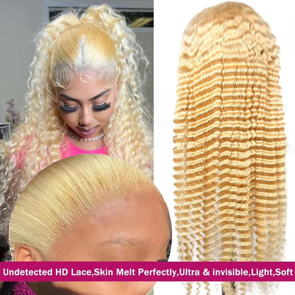 613 13x6 Lace Front Wigs Human Hair Deep Wave Blonde Wig Human Hair 13x6 HD Lace Frontal Wigs for Black Women 180% Density Curly Human Hair Wig Pre Plucked with Baby Hair (613 blonde wig, 24 inch)