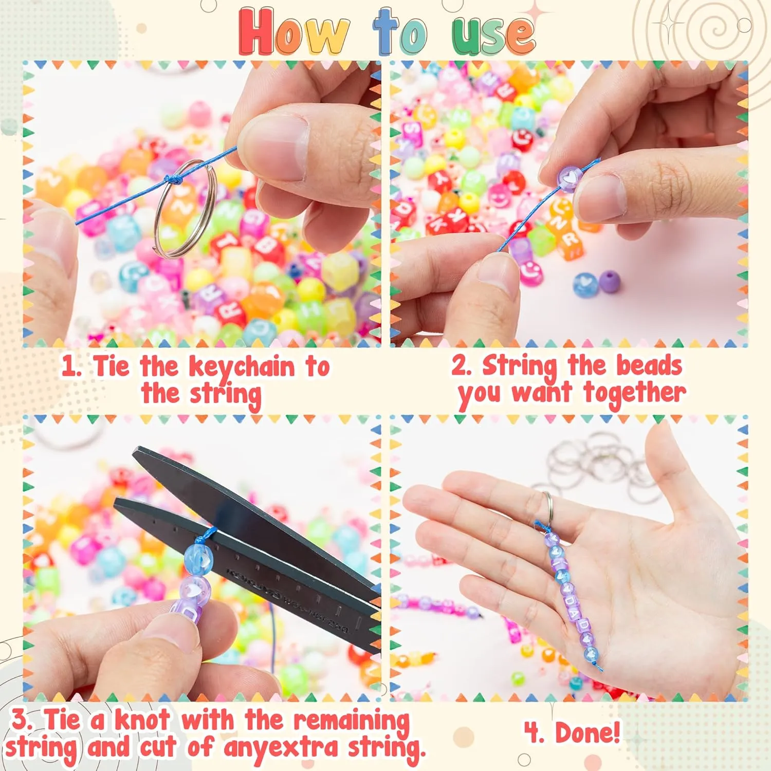 652Pcs DIY Keychain Making Crafts Kit Colorful Smile Letter Bead Bracelet Making Heart Pony Alphabet Bead Jewelry Key Ring Bag Charm Accessories Supplies Festival Mother's Day Teacher Gift