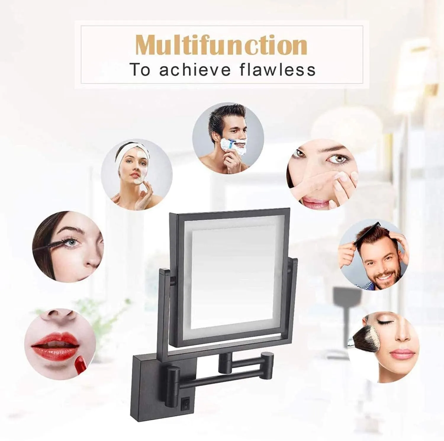 8 Inch LED Wall Mounted Makeup Mirror, Double Sided Vanity Magnifying Mirror for Bathroom, 360° Swivel Extendable Cosmetic Vanity Mirror, Shaving Mirror with 3X Magnifying(Antique Copper,Plug)