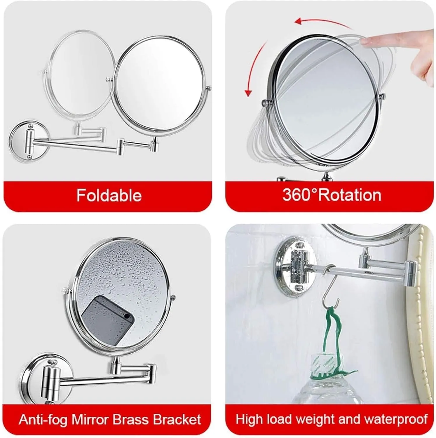 8-Inch Wall Mounted Makeup Mirror, Double-Sided Vanity Mirror with 3X/5X/7X/10X Magnification, 360° Swivel Extendable Arm(Gold,10x)
