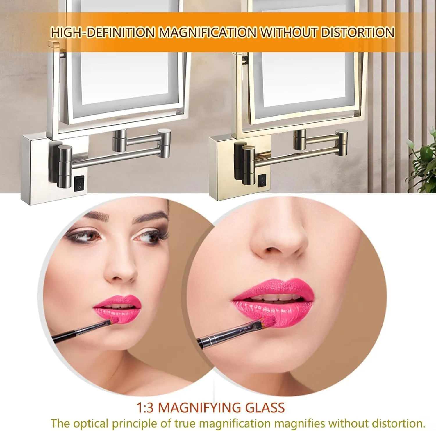 8 Inch Wall Mounted Square LED Lighted Makeup Vanity Mirror ，Dual Sided HD 1X/3X Magnifying Shaving Mirror, 360° Swivel Foldable Brass Cosmetic Mirror Antique,USB