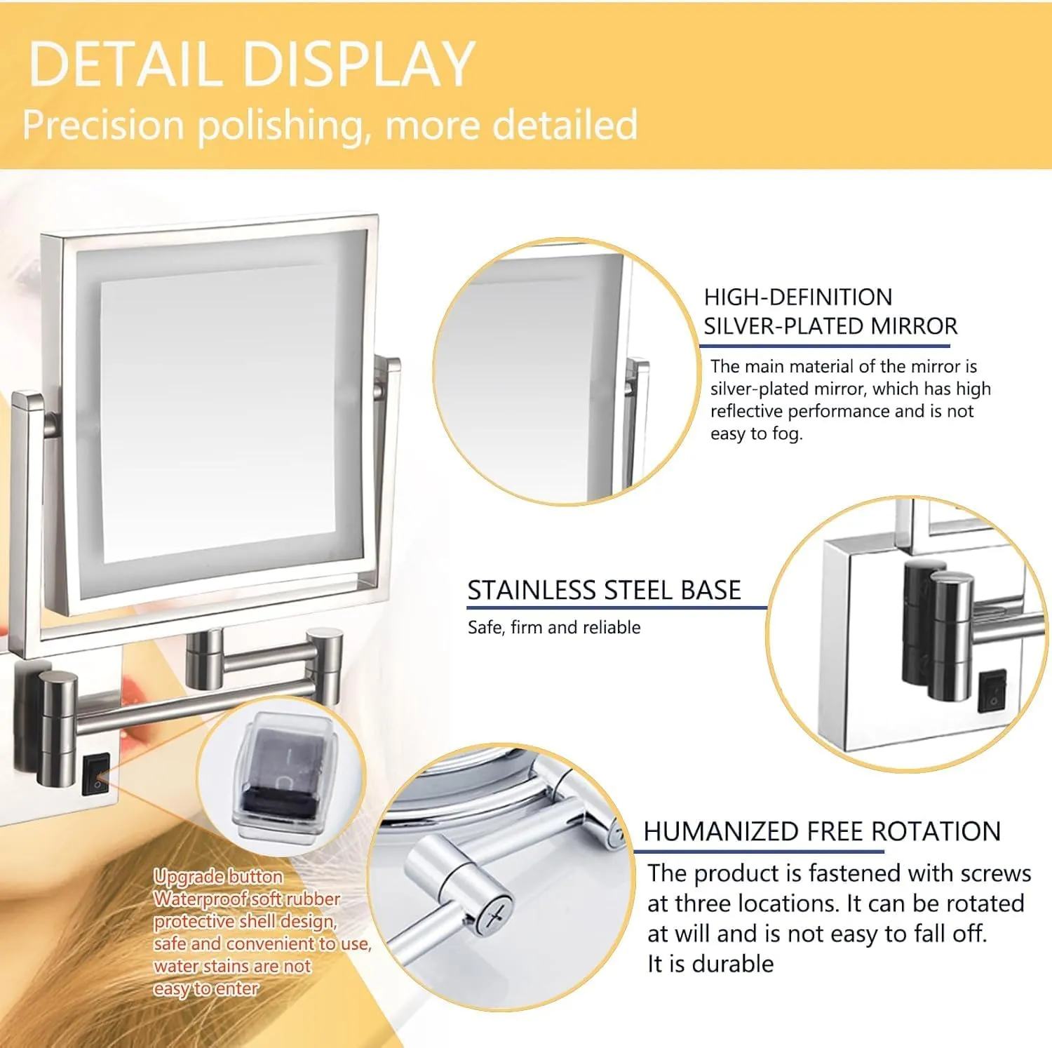 8 Inch Wall Mounted Square LED Lighted Makeup Vanity Mirror ，Dual Sided HD 1X/3X Magnifying Shaving Mirror, 360° Swivel Foldable Brass Cosmetic Mirror Antique,USB