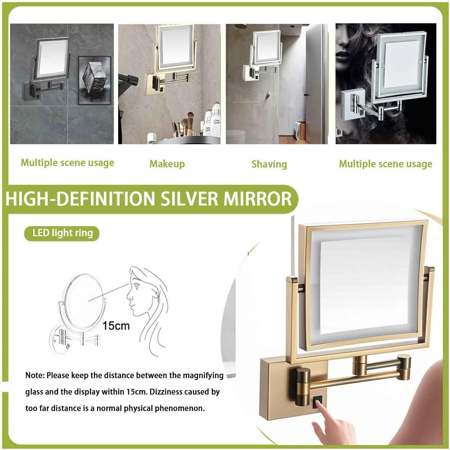 8 Inch Wall Mounted Square LED Lighted Makeup Vanity Mirror ，Dual Sided HD 1X/3X Magnifying Shaving Mirror, 360° Swivel Foldable Brass Cosmetic Mirror Antique,USB