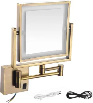 8 Inch Wall Mounted Square LED Lighted Makeup Vanity Mirror ，Dual Sided HD 1X/3X Magnifying Shaving Mirror, 360° Swivel Foldable Brass Cosmetic Mirror Antique,USB