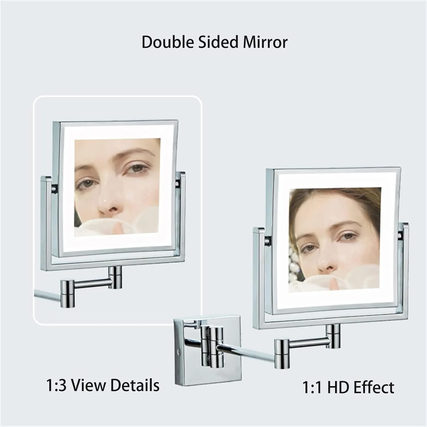 8 Inch Wall Mounted Square LED Lighted Makeup Vanity Mirror ，Dual Sided HD 1X/3X Magnifying Shaving Mirror, 360° Swivel Foldable Brass Cosmetic Mirror Antique,USB