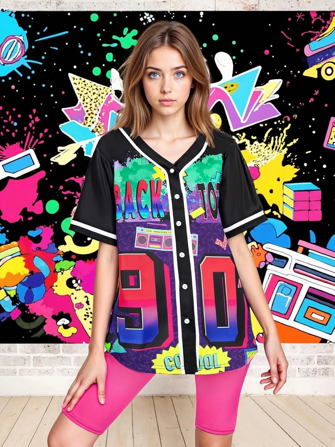 80s 90s Outfits for Women Hip Hop Costume Baseball Jersey Shirt Retro Theme Party Shirts Short Sleeve Blouse Tops