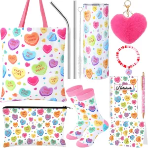 9 Pcs Valentine‘s Day Gift Set for Women Conversation Heart Stainless Steel Tumbler 20 oz with Straw and Brush Colorful Heart Saying Sock Cosmetic Bag Notebook Keychain Bracelet for Female