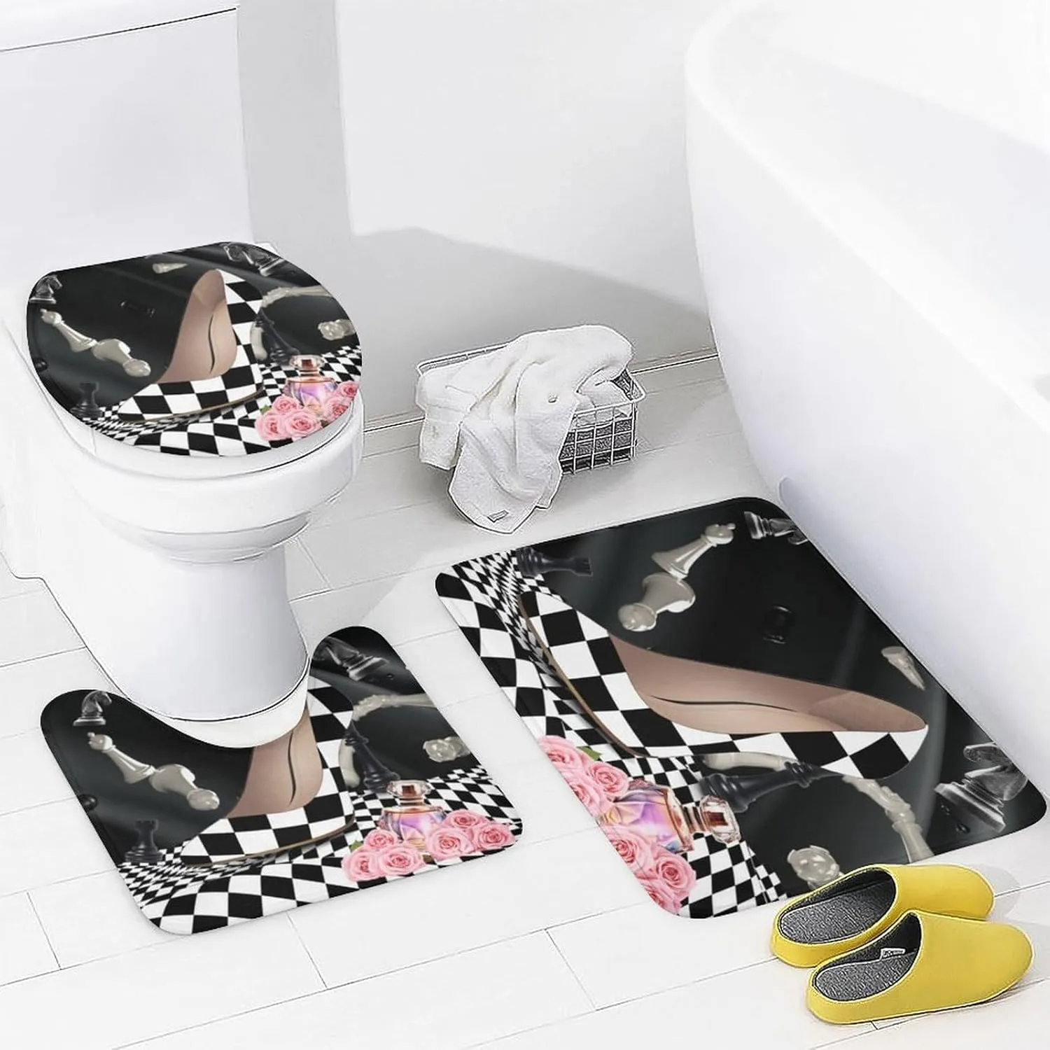 Abstract Modern Art High Heels 4 Pcs Waterproof Shower Curtain Set,Rustic Black White Plaid Makeup Theme High Heels with Waterproof Toilet Cover Shower Mat Rugs