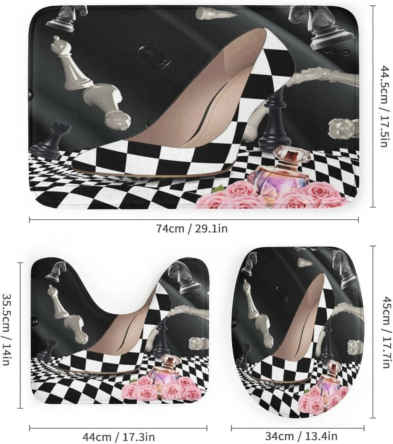 Abstract Modern Art High Heels 4 Pcs Waterproof Shower Curtain Set,Rustic Black White Plaid Makeup Theme High Heels with Waterproof Toilet Cover Shower Mat Rugs