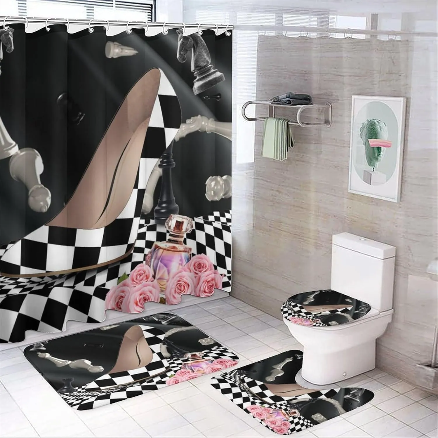 Abstract Modern Art High Heels 4 Pcs Waterproof Shower Curtain Set,Rustic Black White Plaid Makeup Theme High Heels with Waterproof Toilet Cover Shower Mat Rugs