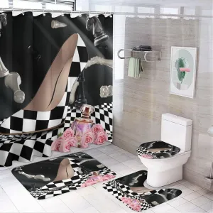 Abstract Modern Art High Heels 4 Pcs Waterproof Shower Curtain Set,Rustic Black White Plaid Makeup Theme High Heels with Waterproof Toilet Cover Shower Mat Rugs